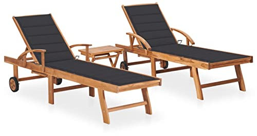 LAPOOH Sonnenliegen 2 STK. mit Tisch und Auflagen, Gartenliege, Strandliege, Relaxliege Garten, Saunaliege, Campingliege, Poolliege, Liege Garten, Massivholz Teak