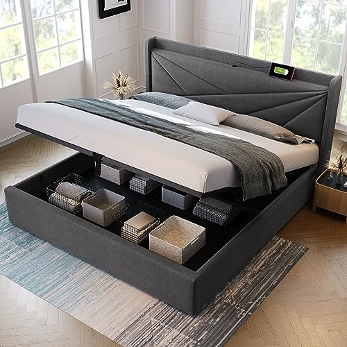 ZYLOYAL10 Polsterbett Einzelbett Stauraum Bettkasten mit USB Typ C Ladefunktion Kopfteil,Stauraumbetten Bettgestell aus Leinenmaterial Jugendbett mit lattenrost (140x200CM, Grau - Ohne Matratze)