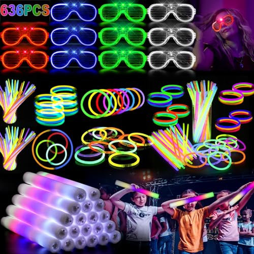 336 Knicklichter Set,Neon Leuchtstäbe Party Pack mit 300 Leuchtstab 24 Led Schaumstoff Leuchtstäbe 12 Led Brillen,Leuchtspielzeug für Kinde,Dunkle Party Supplies für Geburtstage Festivals Deko