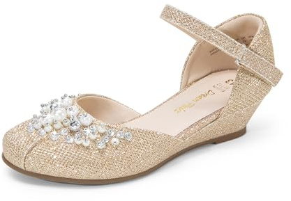 DREAM PAIRS Mädchen Prinzessin Schuhe Schulschuhe Flache Schuhe Kleiderschuhe Absätze niedrige Keilpumps mit Perlen und Strasssteinen,Size 35,Gold-Glitzer,SDFL2414K