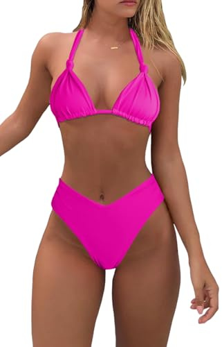 Women Rose Sexy Halter Triangle Bikini Cheeky High Waisted V Cut Thong Bikini Set M