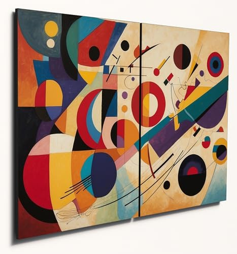The Plum Penguin Kandinsky Style Abstract Wooden Wall Art - A4 Dual MDF Panels with Colourful Geometric Design Canvas Alternative 40 x 30cm