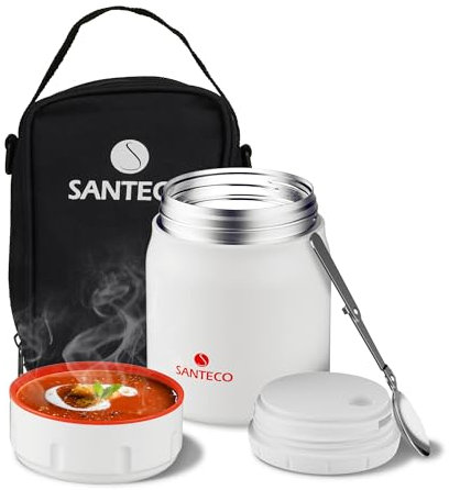 SANTECO Termosbehållare för mat 500 ml, 18/8 rostfritt stål varmhållningsbehållare matbehållare för mat, termosmugg mat med sked och bärbar väska, 12 timmar varmt och kallt timmar (vit)