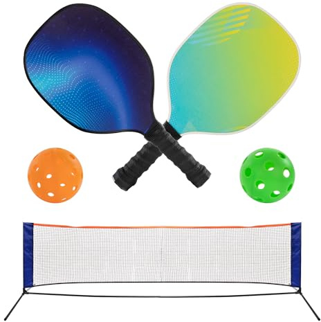 Idena 40253 - Set da Pickleball con 2 Racchette, Rete con Supporto (302 X 80 Cm), Palla da Internoe Palla da Esterno