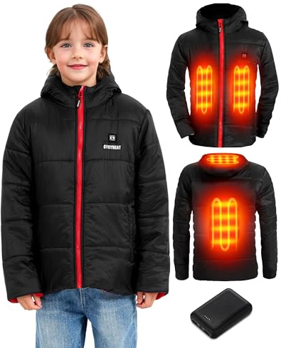 CYCYHEAT Chaqueta térmica para niños y niñas, chaqueta térmica con capucha, calentador de cuerpo con batería, ropa térmica para esquí, rosso, 140