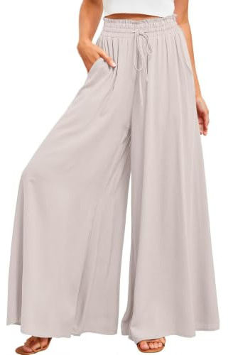 ROFUSSO Pantalons à Jambes Larges pour Femmes Pantalon Palazzo Léger Décontracté Pantalon Décontracté Pantalon D'été Élastique à Taille Haute Pantalon Elégant en Tissu de Couleur Unie avec Poches