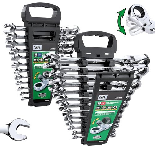 SK Juego de llaves de trinquete Flex-Head, juego de llaves combinadas, 25 piezas, SAE de 1/4 a 1 pulgada, métricas de 8 a 19 mm, 72 dientes, construcción CR-V premium, con organizador de estante