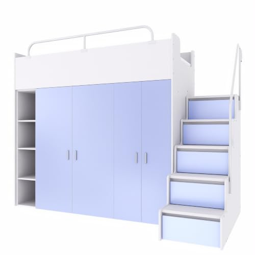 Marlux-Meble Hochbett Kinderbett JSM-2 90x200 mit Zwei Kleiderschränken, Bücherregal und Treppe Matt Etagenbett Stockbett Jugendhochbett (Hellblau)