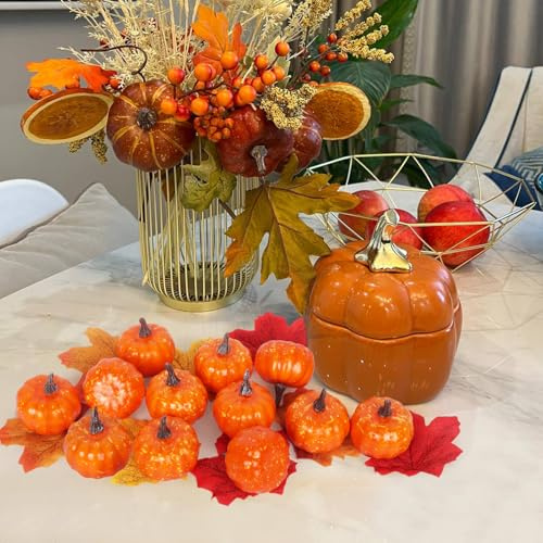 Minicoco 12Pcs Artificial Pumpkins, Halloween Pumpkin Decoration Autumn Decoration Set Mini Foam Pumpkins for Halloween Home Party Decor, Orange