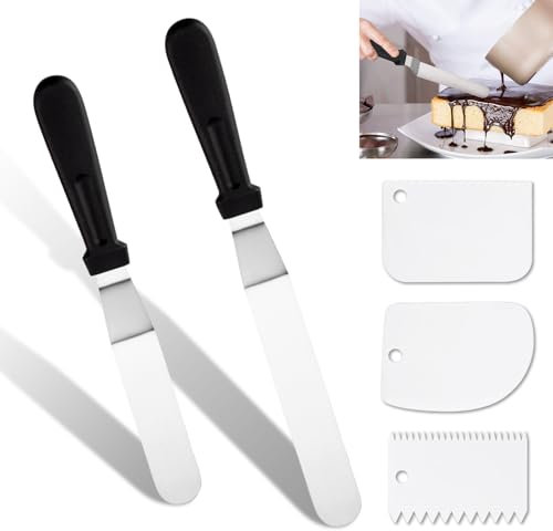 Reusable Cake Icing Spatulas, Stainless Steel Cake Palette Knives with 6 8 Stainless Steel Blades & Plastic Cake Scraper Professional Angled Offset Spatula for Baking Fondant Smoothing