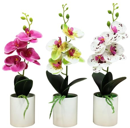 Generisch Kunstpflanzen Orchideen bunt 3er Set – 37 cm hoch – naturgetreu & farbenfroh – inklusive Töpfe – künstliche Blumen für Deko, Fensterbank & Tisch – pflegeleicht