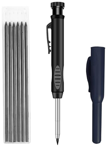 Dilightnews Tieflochmarker, Bleistift Baustelle, Tieflochmarker Set, Bohrlochmarker, Tieflochmarker Bleistift, Baustellen Bleistift, Langlebiger Marker Mit Stifthülle Und 6 Ersatzminen(Schwarz)