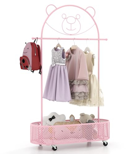 GOPLUS Perchero de Ropa para Niños con Ruedas, Perchero Infantil Rodante con Cesta de Almacenaje Inferior, 3 Alturas Ajustables, Perchero de Ropa Colgante de Metal con Diseño de Oso (Rosa)