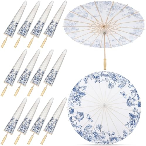 Lemosae 12 Pack Paper Umbrellas Bulk for Wedding, 23.6 Chinese Japanese Parasol Vintage Decorative Sun Umbrella for Bridal Party Tea (Flower)