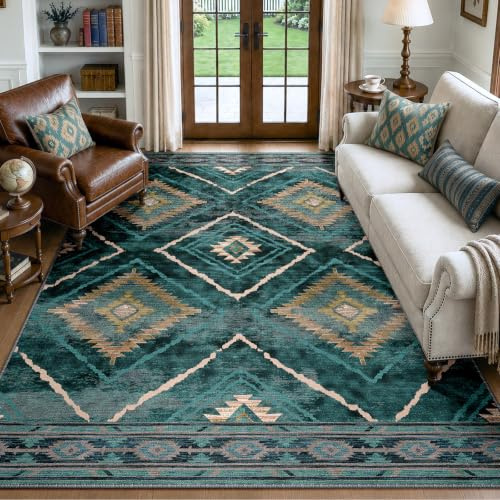 DEFYNEE Teppich Wohnzimmer 150x210 cm, Waschbare Teppiche Groß, Petrolgrün | Vintage Wohnzimmerteppich, waschbarer, OEKO, Retro, Rutschfest Kurzflor Weich für Schlafzimmer, Esszimmer, Küche, Büro