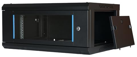 Netzwerkschrank 19 Zoll 4HE I 450 mm Tiefe I Serverschrank Schwarz montiert | Wandmontage I abschließbare Glastür I voll montiert I 100 kg Traglast I 600×450×280 mm (Schwarz - 45cm, 4HE)