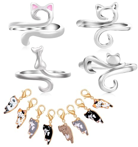Zernblend 4 Piezas De Bucles De Ganchillo En Forma De Gato y 8 Piezas De Marcadores De Puntadas En Forma De Gato, Anillo De Dedo para Tejer, Accesorios De Ganchillo, Tejer