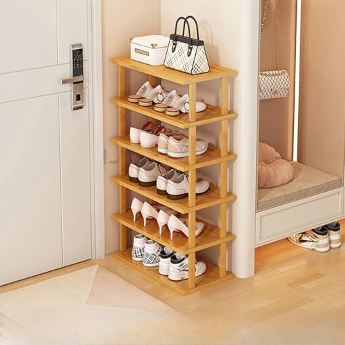 acfeco Schuhregal Bambus, Schuhregal mit 6 Ablage, Schuhregale Schmal Holz, Offener Schuhablage Klein Schuhschrank Platzsparend für Eingangsbereich, Flur, Wohnzimmer, Naturfarben