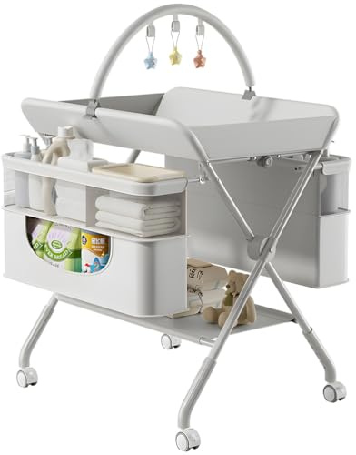 Morlinca Mueble Cambiador Bebe Plegable,Cambiador de Pañales con Ruedas y Compartimentos de Almacenamiento,Ajuste de Altura,para Cambiar Pañales y Ropa,Gris