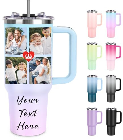 SECOGM 40OZ Personalised Coffee Travel Mug with Photo Logo 40oz/1135ml Gifts for Men Women Birthday Travel Insulated Travel Cup with Straw and Lid-Stainless Steel Travel Mug 40 Oz (4 Photos)