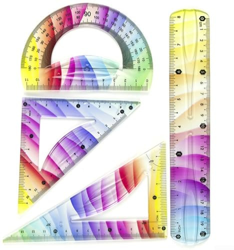 Set di 4 righelli flessibili con righello dritto in plastica, due righelli triangolari e goniometro a semicerchio per misurare e disegnare con sistema metrico e bilancia (20 cm)