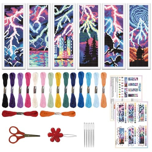 ORIGACH 6 Stück Blitz Kreuzstich Lesezeichen Set für Anfänger | 11CT Kreuzstich Set mit Anleitung Vorgedruckt, Vorgedruckt Sticken Lesezeichen-Set für Erwachsene Buch-Liebhaber