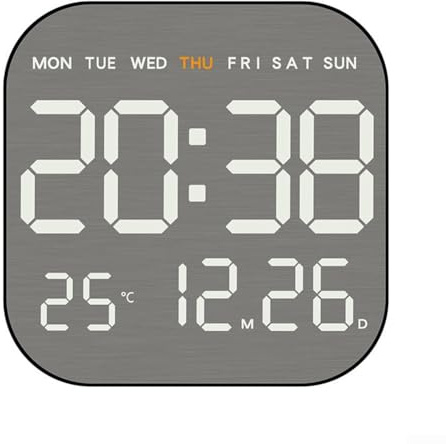 Eawfgtuw Reloj de pared cuadrado de metal cepillado con alarma digital, hora, fecha, visualización de temperatura y humedad, formato de 12/24 horas, brillo ajustable, reloj electrónico moderno (negro)