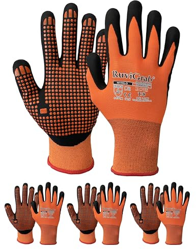 RUVIGRAB - Guante de Trabajo nitrilo FOAM puntos de PVC naranja Guantes para Jardinería, obra, agricultura, agarre y comodidad, Naranja/Negro