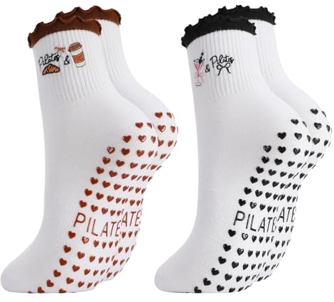 Utensilsto 2 Paare Pilates Socken Stoppersocken Damen Rutschfeste Yoga Socken Reformer Pilates Socks Antirutschsocken Grip Socks für Pilates Barre Ballett Tanz Trampolin Barfuß 36-40 schwarz, braun