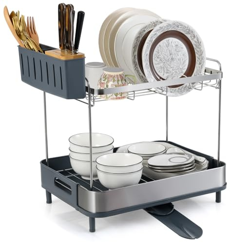 COSTWAY 2 Tier Dish Drainer Rack with Drip Tray, Stainless Steel Dish Drying Rack with Swivel Extendable Drainage Spout & Cutlery Holder, Space-Saving Draining Board Rack for Kitchen Counter