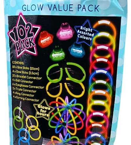 102-teiliges Leuchtstäbe, ultimatives Kreativ-Set, 62 ungiftige Leuchtstäbe, 20,3 cm & Mini, 40 Spezialverbinder für Ringe, Ohrringe, Gläser und Kugeln, langlebige Partygeschenke, Großpackung