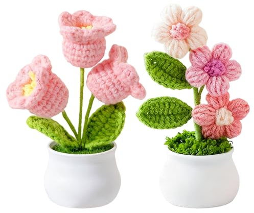 InteDesign Fiori Lavorati all'Uncinetto a Mano, 2 Pezzi Pianta di Fiori Rosa all'Uncinetto, Orchidea Campanula Lavorata a Mano all'Uncinetto, Bouquet Rosa Lavorato all'Uncinetto, Piccola Pianta in