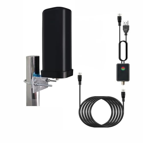 Antenne TV Intérieur Extérieure Puissante, IP66 Antenne TNT Anti-Foudre Réception à 360 ° avec Amplificateur Signal Booster et Câble Coaxial de 13m pour DVB-T DVB-T2 1080P 4K VHF UHF DTMB