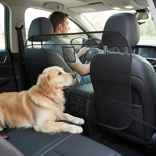 Wood Homing Dog Guard for Car Boot & Back Front Seat - Universal Dog Barrier with Wider Cover Storage Bag Transparent Mesh for SUV Van Truck Foldable Pet Safety Divider for Vehicle Travel Protect (L)