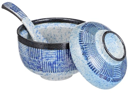 FIXOSHEE Set 2 Ciotole da Zuppa Miso in Ceramica Giapponese Coperchio e Cucchiaio, Ciotole da Portata Antiscivolo e Resistenti al Calore, per Riso, Ramen e Uso Domestico