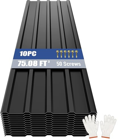Brakki Metal Roofing Panels 10pcs 75 ft², L61.02xW17.72 Black Corrugated Galvanized Steel Roof Panels with Screw, Heavy Duty Metal Siding Suitable for Garages Chicken Coop Sheds Stables Patio