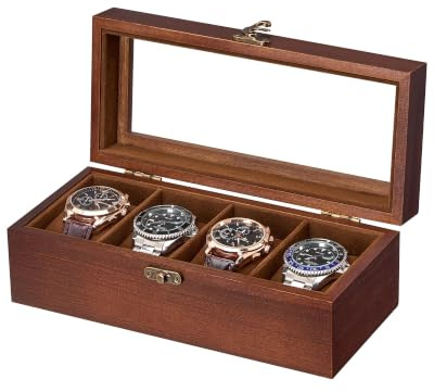 ProCase 4 Slot Wooden Watch Display Case With Glass Lid, Organizer