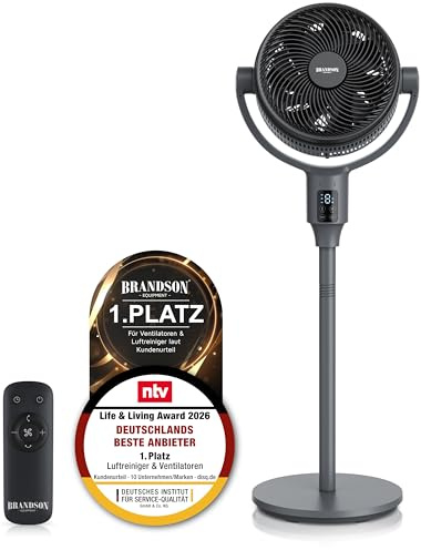 Brandson – 3D Dual Blade Standventilator ECO Line - DC Motor sehr leise – 9 Geschwindigkeitsstufen – Fernbedienung – Duftfach – energieeffizient - 3D Oszillation – Display - Sieger Ventilatoren 2026