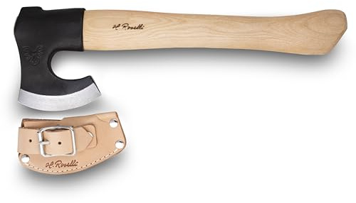 H. Roselli R860 Carbon-Stahl Axt Mit Kurzem Schaft Aus Heller Birke - Outdoor für Garten, Wald, Bushcraft & Camping - Zum Holzspalten, Hacken & Entasten - Inkl. Klingenschutz Aus Leder