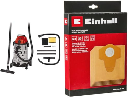 Einhell våt- och torrdammsugare TC-VC 1930 SA (1 500 watt, 30 l behållare av rostfritt stål) & Einhell Smutspåse 30 L (lämplig för Einhell våt- och torrdammsugare, 5 st ingår)