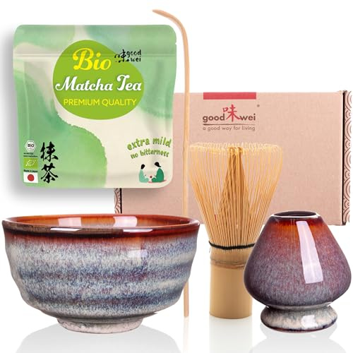 Goodwei BIO Matcha ekologiskt japanskt Vert Matcha teset med bambuvisp, matchaskål och visphållarep | Matcha-konstskål | Presentask (Uji)