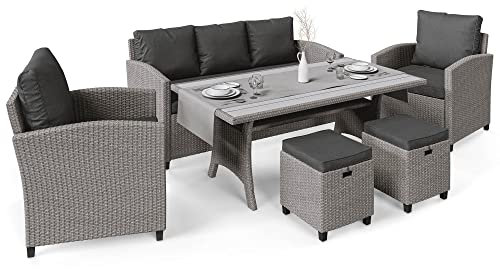 di volio Polyrattan Sitzgruppe Genova - Lounge Set für Garten und Terrasse mit Sofa, 2 Sesseln, 2 Hockern & Tisch - Gartenmöbel-Set in schöner Rattan-Optik (Grau)