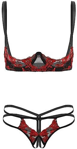 Choomomo Lingerie Ensemble String & Redresse-Sein Bra en Dentelle Ouvert Bretelles Réglable Soutien-Gorge Léger en Maille Transaprent Tenue de Soirée sous-vêtement Rouge Taille Unique