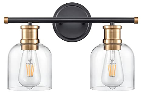 maglaw Modern Wall Sconce Lights 2 Lights Matte Black Bathroom Lighting with Clear Glass Shades Antique Brass Vintage Vanity Light Fixtures