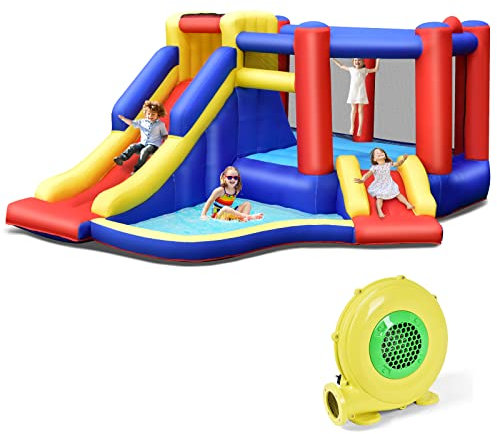 GOPLUS Aufblasbarer Hüpfburg, mit Kinderrutsche&Kletterwand&Trampolin, mit aufblasbarem Basketball, Planschbecken für 3-4 Kinder bis 120 kg, inkl.Tragetasche, 383x313x182cm (Modell 3, Mit Gebläse)