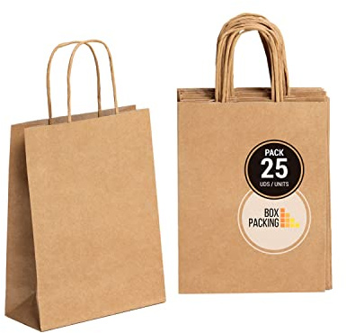 BOXPACKING | Bruna Papperspåsar med Handtag | 25 Små Påsar (24×18×8 cm) | Små papperspåsar i Kraftpapper | Papperspåsar för Presenter, Fest och Detaljhandel | Presentpåsar