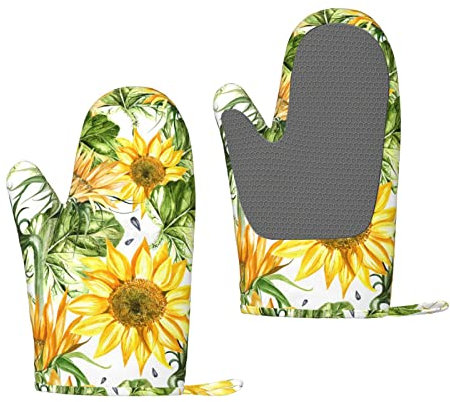 Gants de Four en Silicone Tournesol et Feuilles Résistant à la Chaleur Doublure en Coton Doux Lot de 2 Gants de Cuisine antidérapants réutilisables pour Barbecue Cuisson Cuisson Grillades