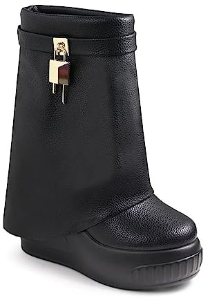 Liliana Women Round Toe Wedge Heel Fold Over Mid-calf Boots Brook-1 Black 8