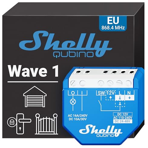 Shelly Wave 1, Z-Wave Interruttore Intelligente Relé - 1 Canale, 16А, Contatto Pulito, Controllo Remoto e Automazione, Porta del Garage, Hub Z-Wave Richiesto, SmartStart
