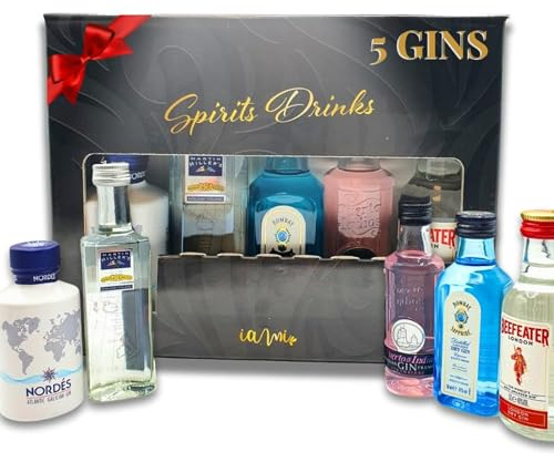 Kit Mini Ginebras | Caja Regalo con 5 Mini Botellas: Beefeater,Nordes,MartinMiller, PuertodeIndias y BombaySaphire | Perfecto como Regalo Original | Pack Ginebra 5 x 5cl